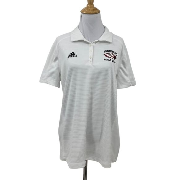 adidas Tops - Adidas Ironwood Girls Golf AdiSelect Polo Shirt Womens L White Striped Climalite